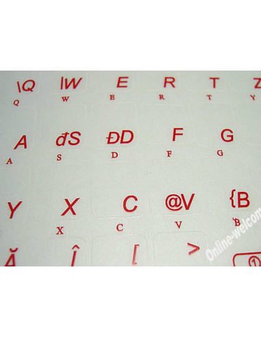 Adesivi tastiera Rumeno fondo trasparente lettera rossa