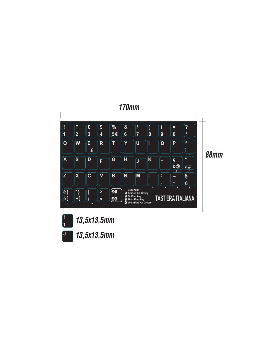 Tastiera adesiva lettere stickers tasti nere lettere bianche tasti grandi  13,5 x 13,5mm